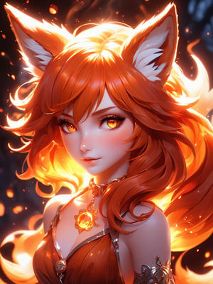 (cute flame foxy, flaming veins), red and orange tones, (masterpiece, best quality, ultra-detailed, best shadow), (detailed background,dark fantasy), (beautiful detailed face), high contrast, (best illumination, an extremely delicate and beautiful), ((cinematic light)), colorful, hyper detail, dramatic light, intricate details, (1girl, solo, red hair, sharp face, amber eyes, hair between eyes,dynamic angle), blood splatter, swirling black light around the character, depth of field, light particles,(broken glass),magic circle, (full body), Spirit Fox Pendant