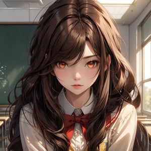 girl ,brown long hair,red eyes ,hot , in school uniform, royal blue and gold, female,19 age, scool classroom, annoying, jealousy



