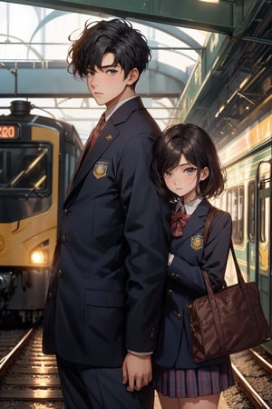 boy and a girl, 2_ characters, school romance, south asian, standing next to each other yet boy looking away from the girl, pov_wish you were mine , both in school uniforms, blue and gold, looking_at_viewer, railway station