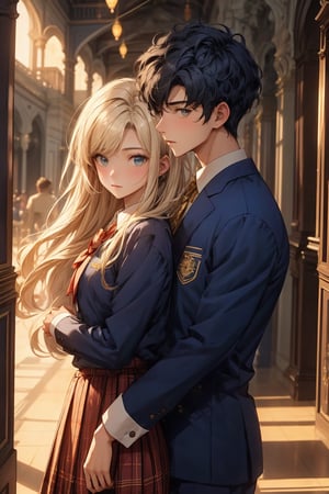 boy and a girl, 2_ characters, school romance, south asian, standing next opposite sides yet looking away from each other, pov_let me love you , both in  two different school uniforms, royal blue and gold, looking_at_viewer