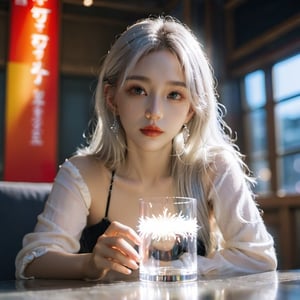 low angle,Sony Alpha 1, Sony FE 16-35mm f/2.8 GM, 8k,masterpiece,best quality,realistic,photorealistic,reflection light,cinematic lighting,1girl,Kpop idol,sitting, holding glass, white hair,longhair, sharp focus, even skin, pale skin, real skin,ray tracing,xxmix_girl,FilmGirl,