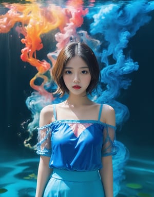 masterpiece,highest quality,exquisite details, Ambilight,brilliant,exquisite details, double exposure,fussion of fluid abstract art,maximalism artstyle, geometric artstyle, 1girl,large breasts,water,pond,(chinese style:1.3),blue-smoke,1 girl, custom,hands in sleeves,nayoung,disdain, stare, ,beautymix,FilmGirl
