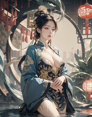 masterpiece,highest quality,exquisite details, Ambilight,brilliant,exquisite details, double exposure,fussion of fluid abstract art,maximalism artstyle, geometric artstyle, 1girl,large breasts,water,pond,(chinese style:1.3),blue-smoke,1 girl, custom,hands in sleeves,