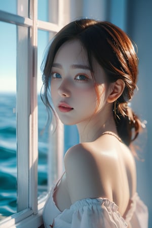 8k,masterpiece,best quality,realistic,photorealistic,extremely detailed face,reflection light,cinematic lighting,1girl, full body, ocean, window,  sharp focus, rich colors, vibrant colors, trending on Artstation, FilmGirl, even skin, pale skin, real skin, 
