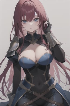 long red hair,blue knight outfit,bangs cover right eye,Long hair tied on the right chest