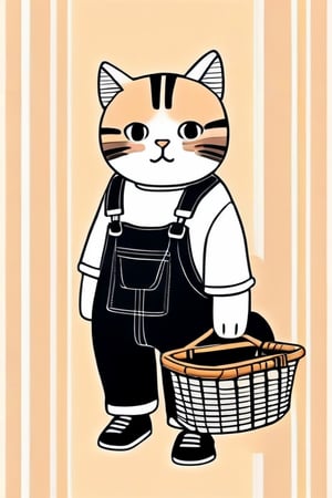 cat dressed in overalls with a basket, in the style of street style, light white and
light brown, transparent/translucent medium, mori kei, striped, street life scenes, hip-hop style --ar 3:4