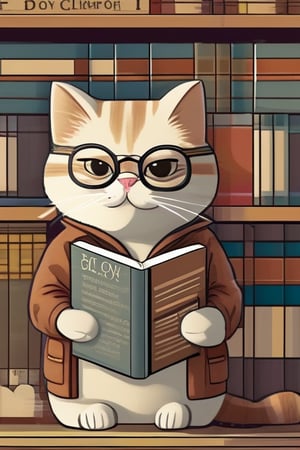 cat , sporting glasses and an academic-style coat, stands in front of a bookshelf, engrossed in reading a captivating book. The image radiates a hip-hop style with its light white and light brown color scheme. It has a transparent/translucent medium quality and features a striped pattern, reflecting the ambiance of street life scenes. (Aspect ratio: 3:4) |