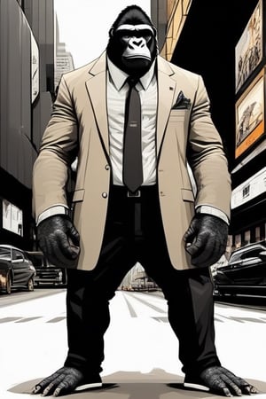 A fashionable gorilla, dressed in a classic black suit, stands confidently in an urban street setting. The image features light white and light brown tones, creating a hip-hop style. It has a transparent/translucent medium quality and follows a mori kei style. The stripes on the suit complete the look, capturing the essence of street life scenes. (Aspect ratio: 3:4) |,ink scenery,dfdd