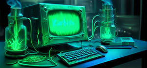 a computer, on a black table, in green and blue flames, high resolution, gloomy office, karbite caption,oni style,steampunk style