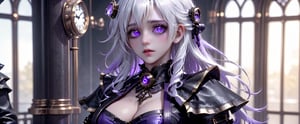 a girl ((white hair)) ((big_black_eyes)), ((black leather outfit)),black and purple halo, high resolution, realism, HZ Steampunk