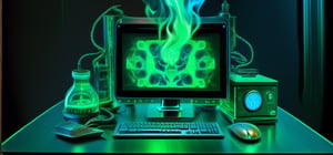 a computer, on a black table, in green and blue flames, high resolution, gloomy office, karbite caption,oni style,steampunk style