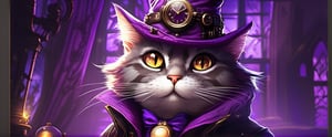 a cat, ((wizard outfit)), high resolution, gloomy_matte_background, purple backlight,kafka,steampunk style