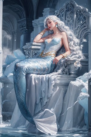 Snow_Angel, Frozen, ((The Mermaid)),  ((best quality)), ((masterpiece)), ((realistic)), ((18-year-old girl as a snow angel princess in a fantasy golden throne room, frozen, mystic fog, frost flowers)), In the grandeur of a throne room, an 18-year-old girl embodies the enchantment of a snow angel princess. Adorned with elegant earrings, intricate jewelry, and a tribal tattoo, she exudes a sense of regality and grace. Her flowing hair, infused with a radiant glow, cascades around her, accentuated by an ethereal ice hair ornament and a necklace fashioned from glistening ice. Her sharp eyes captivate with a blend of determination and wisdom. Draped in a dress of ice, she personifies the beauty and power of the frozen realm. The throne room, adorned with golden ornaments and surrounded by an icy atmosphere, emanates an otherworldly charm. Swirling fog and the cold permeate the air, creating an ambiance of mystique. A large watch prominently displays the passage of time, a symbol of her royal lineage. Paintings and lush plants add touches of color amidst the frozen surroundings, while water flows gracefully, mirroring the princess's elegance. Ice shards glimmer and sparkle, reflecting light and emitting delicate sparks, guided by the whims of the wind. The blurry background and bokeh lend a dreamlike quality to the scene, accentuated by gentle sidelight that casts a soft glow on her face. Against a light backdrop, the composition showcases the Tyndall Effect, infusing the air with a captivating vibrancy. The vibrant colors and meticulous attention to detail make this artwork a true cinematic masterpiece, capturing the majesty, beauty, and magic of the snow angel princess in her icy domain. (Haircut model by Wispy bangs, possed is Running pose, sharp dark brown, shooting angle is Wide-angle view, time is Low-Key Lighting),LinkGirl,full body,high_school_girl