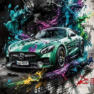 Mercedes AMG GT sports car, green metallic paint, surrounded by similarly toned ink splatters, graffiti art style, front view ,Movie Poster,ink,Color Splash
