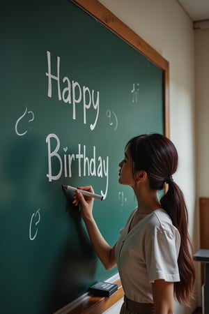 A beautiful female teacher writes "Happy Birthday" on the classroom blackboard. a RAW ultra-realistic photo, UHD, 8K,wonder beauty