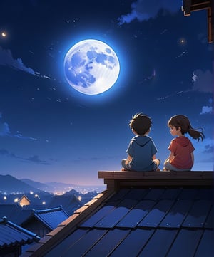 Anime style, two children sitting on a wooden rooftop, full moon and stars in the night sky, serene and peaceful atmosphere, rich in details, soft lighting and shadows,scenery