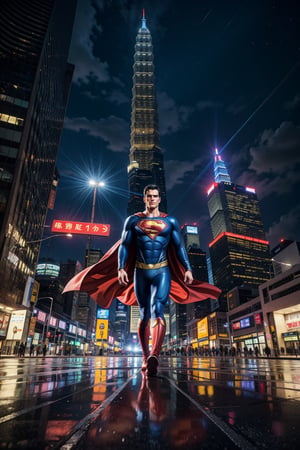 A powerful and inspiring painting of Superman Beyond flying over Taipei 101. Superman is surrounded by glowing energy and streaks of light, symbolizing his incredible power and speed. The scene is rendered in a hyper-realistic style with a vibrant color palette. Superman's costume is classic and iconic, with a red and blue cape billowing in the wind. The background is a vast cityscape of Taipei 101. The overall effect is a awe-inspiring and uplifting image that captures the essence of Superman Beyond.

(masterpiece), scenery, ((Taipei 101)), city street, cloudy, thunderstorm, lighting, night sky, night, Wet floor after rain, ground reflection, high_resolution, high quality 
,FrancineSmith