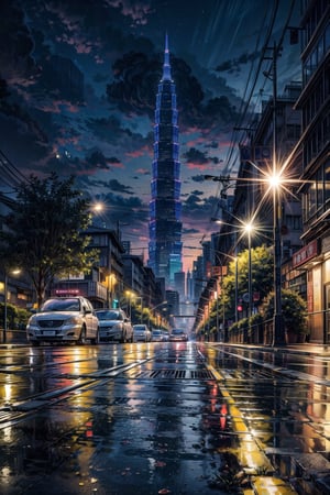 (masterpiece), scenery, Taipei 101, city street, cloudy, thunderstorm, lighting, night sky, night, Wet floor after rain, ground reflection, high_resolution, high quality 