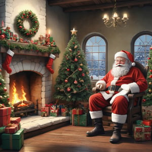 (best quality:1.33), (masterpiece:1.42), (realistic:1.24), (detailed:1.15), Santa decorates the house with his little elves in preparation for a glorious Christmas party, Christmas tree, a cozy fireplace.



