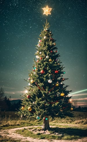 Christmas tree decorated and with lots of glowing lights in an open winter feild, memories, colorful, (photo-realisitc), nebula background, nebula theme,exposure blend, medium shot, bokeh, (hdr:1.4), high contrast, (cinematic, teal and green:0.85), (muted colors, dim colors, soothing tones:1.3)