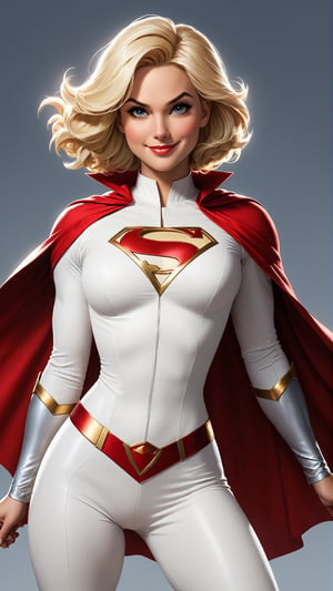 Depict a woman in an ink drawing, inspired by Power Girl, focusing on her face and shoulders. She should display expressions of resilience and bravery - a confident gaze and a reassuring smile. Her hair is medium-length, blonde, and elegantly simple. Her attire includes a white suit with a red cape, symbolizing strength and heroism. The lighting should be striking and bold, capturing her powerful, inspiring, and dynamic poses, reminiscent of Power Girl's classic superhero stature.