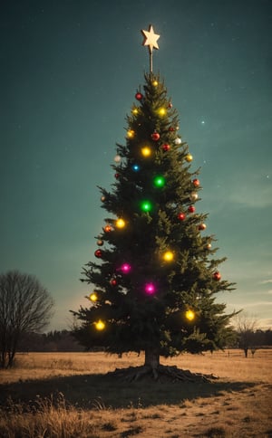 Christmas tree decorated and with lots of glowing lights in an open winter feild, memories, colorful, (photo-realisitc), nebula background, nebula theme,exposure blend, medium shot, bokeh, (hdr:1.4), high contrast, (cinematic, teal and green:0.85), (muted colors, dim colors, soothing tones:1.3)