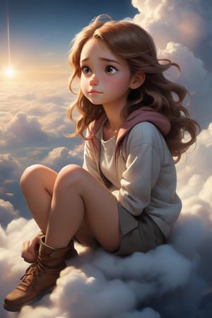 a girl sitting on top of the clouds, looking down to earth, glorious, majestic light, dazzling lights