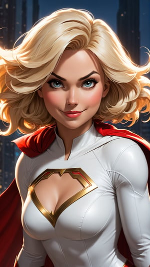 Depict a woman in an ink drawing, inspired by Power Girl, focusing on her face and shoulders. She should display expressions of resilience and bravery - a confident gaze and a reassuring smile. Her hair is medium-length, blonde, and elegantly simple. Her attire includes a white suit with a red cape, symbolizing strength and heroism. The lighting should be striking and bold, capturing her powerful, inspiring, and dynamic poses, reminiscent of Power Girl's classic superhero stature.