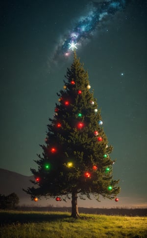 Christmas tree decorated and with lots of glowing lights in an open winter feild, memories, colorful, (photo-realisitc), nebula background, nebula theme,exposure blend, medium shot, bokeh, (hdr:1.4), high contrast, (cinematic, teal and green:0.85), (muted colors, dim colors, soothing tones:1.3)