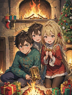 ((Anime)), 1 man and 1 woman anxiously waiting to open their presents in front of 1 fireplace, joyful expression, more detail XL, SFW,