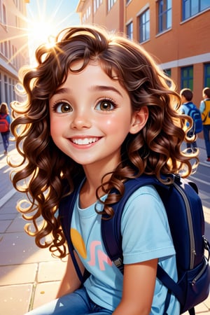 unzooming, ultra detailed illustration of little girl with long curly brown hair, captivating eyes, happy smile, lol style, and a backpack on her back, sitting in school in a modern city, sunbeams, warm, love, art by Mschiffer, soft colors, top down view, 