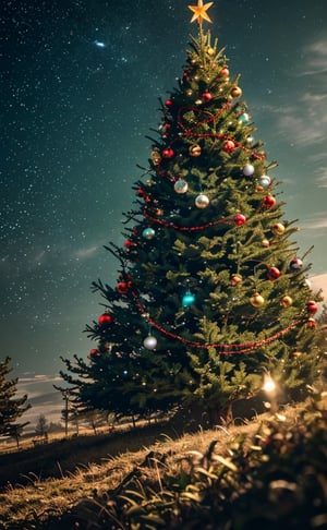 Christmas tree decorated and with lots of glowing lights in an open winter feild, memories, colorful, (photo-realisitc), nebula background, nebula theme,exposure blend, medium shot, bokeh, (hdr:1.4), high contrast, (cinematic, teal and green:0.85), (muted colors, dim colors, soothing tones:1.3)