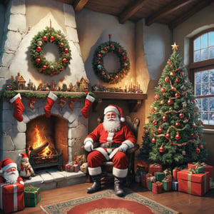 (best quality:1.33), (masterpiece:1.42), (realistic:1.24), (detailed:1.15), Santa decorates the house with his little elves in preparation for a glorious Christmas party, Christmas tree, a cozy fireplace.



