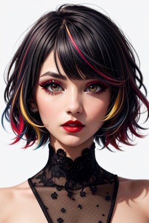 1girl, solo, upper body, looking at viewer, white background, bob cut, short hair, multicolored hair, makeup, parted lips, red lips, eyeliner,