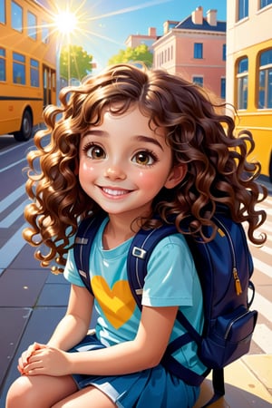 unzooming, ultra detailed illustration of little girl with long curly brown hair, captivating eyes, happy smile, lol style, and a backpack on her back, sitting in school in a modern city, sunbeams, warm, love, art by Mschiffer, soft colors, top down view, 