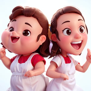 2 girls, Cute chubby girl and slim girl, chef logo, Smile and cute pose ,chef, cute style, tiny, Head large, dark brown hair, white apron, 3d rendered, Cute style, Pokemon Style, cinematic texture, shame, pokemon, movie light, Brilliant lightning, salama, cool, clean white background, Ray tracing, Premium Colors, upper body 3D models,  fashion blind box toys. (full body:1.2), chibi,
