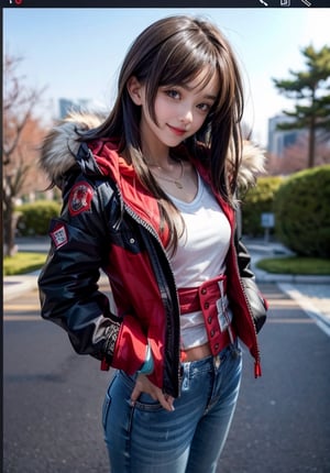 black top, ((red jacket)), white fur in hood, upper waist blue jeans, upper belly blue jeans, girl in a red dark jacket with white furr in hood, light brown eyes, little smile, watching to the camera, upper angle view, tilt angle camera view, blush face, hands in pocket, shiny neck accessories, upper waist jeans with a black top, attractive girl, female character, (1 girl), fashion artstyle, young girl, beautiful girl, seductive  girl, best girl,
 Japanese park, background, Japanese garden background.,4k, add_detail:1