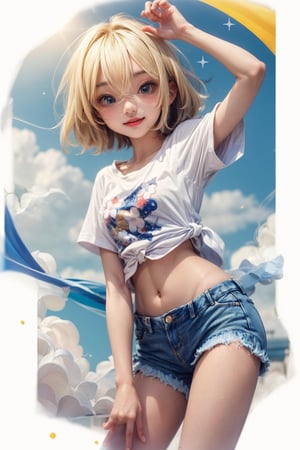 young beautiful girl with blonde hair and blue eyes in a white shirt, naked legs, soft skin, shorts jeans fabric, air blowing clothes and hair, wet white shirt see through, haircut boe, short blonde hair, full body portrait of a short!, splash, high quality, photo of a cute girl, cute girl, clean detailed anime art, cloud_scape, sunny day, magic stars effects in camera lens, add_detail:0.4, a photo portrait of zzenny_n, zzenny_n-15:0.9, outdoor, sunny day