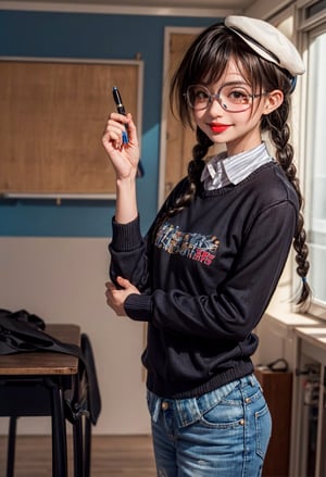 girl with glasses and a hat holding a small fountain pen, !!wearing glasses!!, young beautiful girl, dark brown hair, shining brown eyes, black sweter, white shirt with blue stripes sliding out from the bottom of the sweater to the jeans, sexy pose, soft skin, blushing, thin lips, ((tongue out)), glossy lips, seductive smile, perfect hands, large hair, two braiding hair falling back, full body portrait, high quality photo of a cute girl, cute girl, art and drawing class room background with art props, add_detail:0.4, a photo portrait of zzenny_n, zzenny_n-15:0.9, inside art classroom, dust bokeh particles, vivid colors, twin braids, eye reflection, sparkling eyes, pupils sparkling, seductive smile, tongue, super detail, high quality, highres