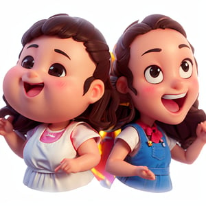 2 girls, Cute chubby girl and slim girl, chef logo, Smile and cute pose ,chef, cute style, tiny, Head large, dark brown hair, white apron, 3d rendered, Cute style, Pokemon Style, cinematic texture, shame, pokemon, movie light, Brilliant lightning, salama, cool, clean white background, Ray tracing, Premium Colors, upper body 3D models,  fashion blind box toys. (full body:1.2), chibi, small eyes, Mexican colors