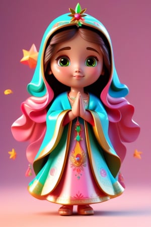 Virgen de Guadalupe, chibi girl,  hands together in prayer, brown eyes,  long green tunic from head to feet with embedded little golden shiny stars, pink robe with pink embroidery floral texture Detailed plastic material, best quality, (very detailed model), (best quality), octane rendering, ray tracing, very detailed, 3D toy, exaggerated giant hair, little art(full body ) (3D hair,  ((kids)), beautiful eyes, cute big eyes, cute face, pastel colors gradient, chibi, chib, fluorescent translucent, colorful, plastic, children, transparent, product design, glowing materials, light from behind, delicate cute plastic, aesthetic light and shadow 3d, digital art, translucent plastic bubblegum, close-up, 3d, super detailed, generate front view, side view, rear view triple view, borderless, c4d, Octane rendering, Blender, HD, full body, smile, t-shirt design,  glossy, caustic reflections 