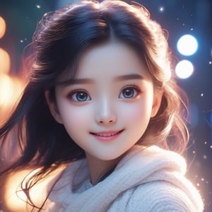 26years old, Browish eyes, long semi waved long deep blackhair, big eyes, big  smile, white skin, cherry lips, hair in forehead, dimples, perfect nose, Dappled Light, photo portrait of a girl, (Ultra realistic, High quality, Intricate, awesome ultra high resolution movie scene), ((Colorful, Ultra detailed female Artificial intelligence)),, colorful, realistic eyes, dreamy magical atmosphere, (skin texture), (film grain), (warm hue, warm tone),  cinematic light, side lighting,
