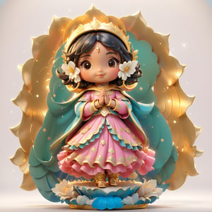 Virgen de Guadalupe,  chibi girl,  hands together in prayer, 3d figure, 3d style,  #graphic_art(“an oval-shaped image with a gold border that has a wave design. The background is solid gold,  with no details. In the center of the image there is a female figure standing on a silver crescent moon. The crescent moon has a white cherub below,  who looks up and holds the crescent moon with his hands. The female figure has brown skin and black hair,  which falls over her shoulders. Her face is blurred and her facial features are not distinguished. The female figure wears a pink dress with gold floral motifs. The dress has long sleeves and a high collar. The dress reaches her feet,  which are bare and partially seen over the crescent moon. Over the dress,  the female figure wears a blue cloak with gold five-pointed stars. The cloak covers her head and shoulders,  and falls on both sides to the ground. The cloak has a gold border with a design of flowers and leaves. Around the head of the female figure there are twelve gold rays that form a kind of crown or halo. The rays are straight and have the same length.