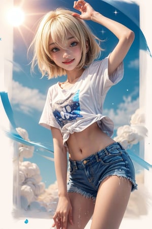 young beautiful girl with blonde hair and blue eyes in a white shirt, naked legs, soft skin, shorts jeans fabric, air blowing clothes and hair, glossy lips, seductive smile, perfect hands, wet white shirt see through, haircut boe, short blonde hair, full body portrait of a short!, splash, high quality, photo of a cute girl, cute girl, clean detailed anime art, cloud_scape, sunny day, magic stars effects in camera lens, add_detail:0.4, a photo portrait of zzenny_n, zzenny_n-15:0.9, outdoor, sunny day