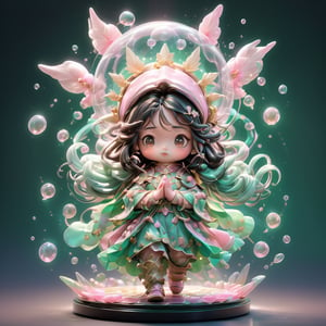 Virgen de Guadalupe, chibi girl, black and long hair inside the long cloak, Her hair is parted in the middle and tucked behind her ears, brown eyes, sweet expression, pink floral tunic, green cloak with golden stars, hands together in prayer, transparent plastic, Mexican colors, glowing jelly, delicate cute plastic, aesthetic light and shadow 3d, digital art, translucent plastic bubble gum effect, light shine,  pastel colors gradient, 3D toy design, triple view without borders, by Tvera and wlop and artgerm, alberto seveso and geo2099 style
,jennierubyjenes,DonMF43XL,chibi,flat design, behind her there are solar rays represented by a circle and pointy golden swords, she is been carried by a black haired cupid with wings 