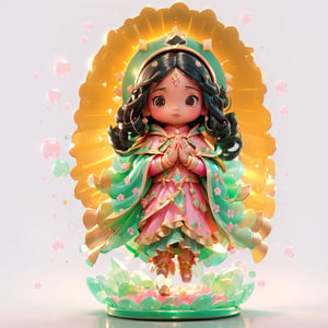 Virgen de Guadalupe, chibi girl, black hair Indian girl haircut, brown eyes, sweet expression, pink floral long tunic, green cloak with golden stars covering all body, hands together in prayer, transparent plastic, Mexican colors, glowing jelly, delicate cute plastic, aesthetic light and shadow 3d, digital art, translucent plastic bubble gum effect, light shine Phantasmal iridescent, inner glow, lensflare, cinematic light, pastel colors gradient, 3D toy design, triple view without borders, by Tvera and wlop and artgerm, alberto seveso and geo2099 style
,jennierubyjenes,DonMF43XL,chibi,flat design, behind her there are solar rays represented by a circle and pointy golden swords, she is been carried by a black haired cupid with wings ,3d style,3d figure