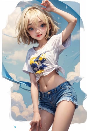 young beautiful girl with blonde hair and blue eyes in a white shirt, naked legs, soft skin, shorts jeans fabric, air blowing clothes and hair, wet white shirt see through, haircut boe, short blonde hair, full body portrait of a short!, splash, high quality, photo of a cute girl, cute girl, clean detailed anime art, cloud_scape, sunny day, magic stars effects in camera lens, add_detail:0.4, a photo portrait of zzenny_n, zzenny_n-15:0.9, outdoor, sunny day