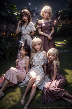 4 young one brown one pink one dark and one blond girl, laying in the grass, young girls,  nighttime!!, smiling, seductive lips, bokeh, white dresses, zzenny_n, add_detail, perfect body, slim waist, soft skin, slim, perfect eyes, particle dust in ray lights, short hair, blush, sigh, backlighting, lens flare, super detail, milky way sky in dark forest, background