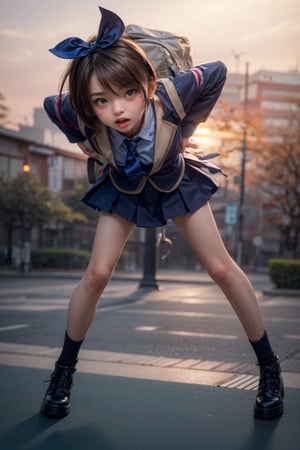 Japanese school girl, naked legs, short skirt, japanese uniform, angry, light brown eyes, hands in waist, hands in back, boho hair cut, short_hair, backpack, young girl, shouting, yelling, seductive lips, bokeh, zzenny_n, add_detail, perfect body, slim waist, soft skin, slim, perfect eyes, particle dust, short hair, blue ribbon in hair, blush, backlighting, super detail, sunny day in park, Japanese school background