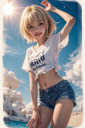 young beautiful girl with blonde hair and blue eyes in a white shirt see-through shirt red brazier, thin transparent white shirt fabric, perfect nipple, naked legs, soft skin, blushing, freckles, white teeth, shorts jeans fabric, air-blowing clothes and hair, glossy lips, seductive smile, perfect hands, wet white shirt see through, haircut boe, short blonde hair, full body portrait of a short!, splash, high quality, photo of a cute girl, cute girl, clean detailed anime art, cloud_scape, sunny day, magic stars effects in camera lens, add_detail:0.4, a photo portrait of zzenny_n, zzenny_n-15:0.9, outdoor, sunny day, light come from up, direct light, sun rays, sun flares, hair move artefacts camera, dust bokeh particles, beach